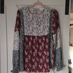 Hailey & Co. Burgundy Patchwork Floral Long-Sleeve Blouse